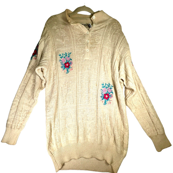 Bonnie Boerer Vintage Sz Petite S Long Line Sweater Off White Embroidered Floral - Picture 1 of 10